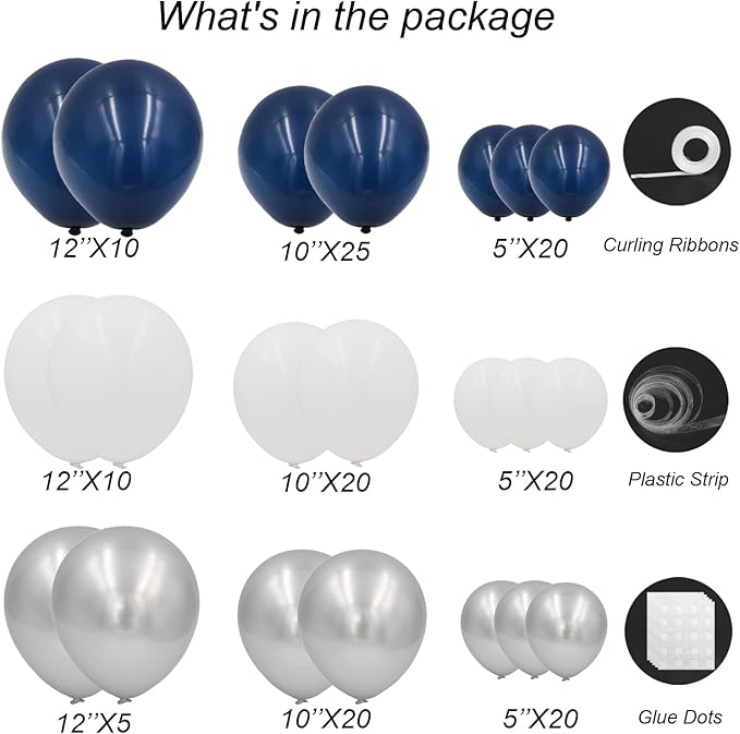 Navy Blue and Silver Balloons Garland Arch Kit,150pcs Navy Blue Silver and White Latex Balloons in Different Sizes for New Year Graduation Baby Shower Birthday Prom Wedding Party Decorations