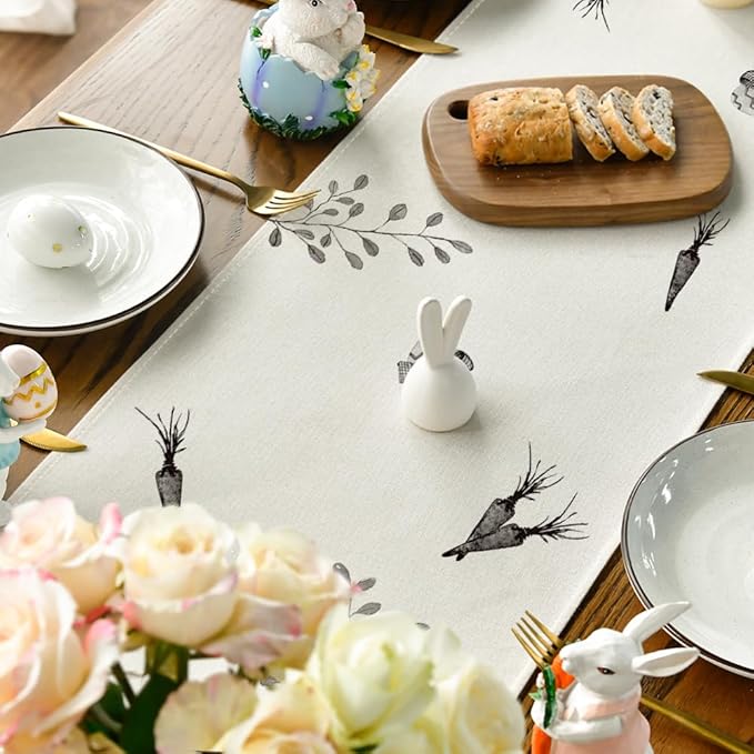 Artoid Mode Black Grey White Rabbit Bunny Happy Easter Table Runner, Spring Seasonal Holiday Kitchen Dining Table Decoration for Home Party Decor 13 x 72 Inch