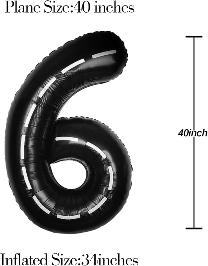 Race Car 40Inch Black 6 Balloon Number Large Helium Race Track 0-9 Giant Digital 6th Foil Mylar Big Party Number Balloons for Boy Birthday Car Theme Party Anniversary Graduation Decorations