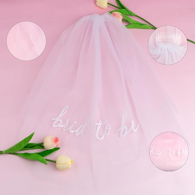 Bride To Be Sash Bridal Veil White for Bachelorette Party Decorations, Short Veil with Comb Pearl Satin Sash Set Bridal Shower Favors Gifts for Engagement Supply Bach Party Wedding Accessories