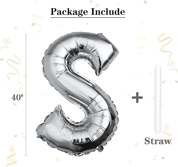 40 inch Silver Letter S Balloon, Big Size Alphabet Foil Mylar Helium Balloons for Birthday Party Celebration Wedding Anniversary Baby Shower Decorations Supplies Alphabet S
