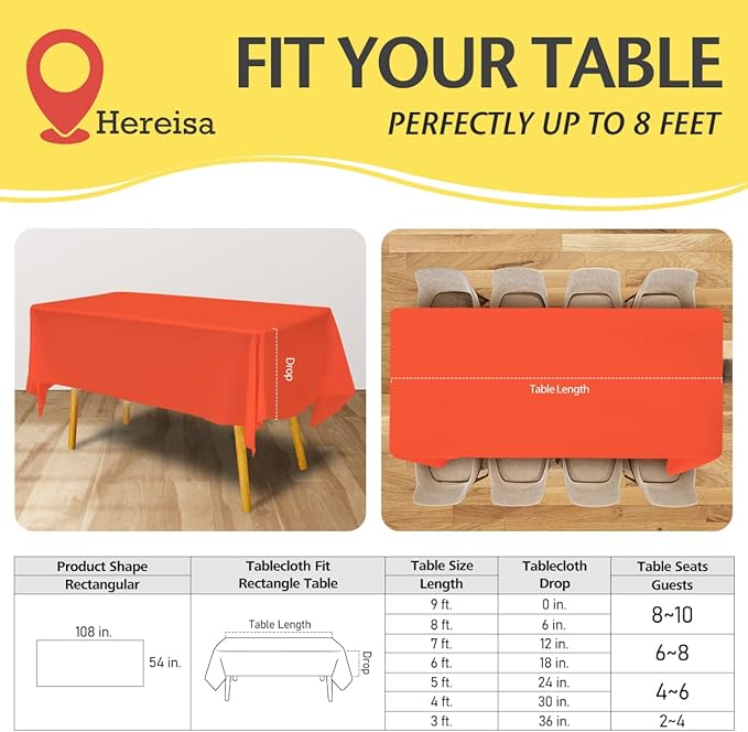 Orange Plastic Table Cloths - 6 Pack, 54" x 108", Disposable Rectangle Table Cover for Parties