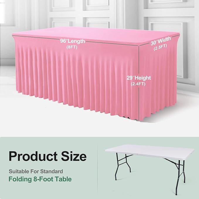Table Skirts for Rectangle Tables 8ft - 2 Pack One-Piece Pink Tablecloths and Skirt, Wrinkle Resistant Ruffles Elastic Cover for Banquets, Weddings, Events, Parties