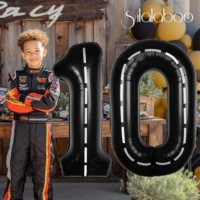 Race Car 40Inch Black 10 Balloon Number Large Helium Race Track 0-9 Giant Digital 10th Foil Mylar Big Party Number Balloons for Boy Birthday Car Theme Party Anniversary Graduation Decorations
