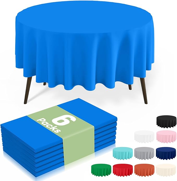 misaya 6 Packs Disposable Plastic Table Cloth, 84" Round Waterproof Tablecloth, Leakproof & Sturdy Decorative Table Covers for Easter, Picnic, Party and Outdoor, Blue