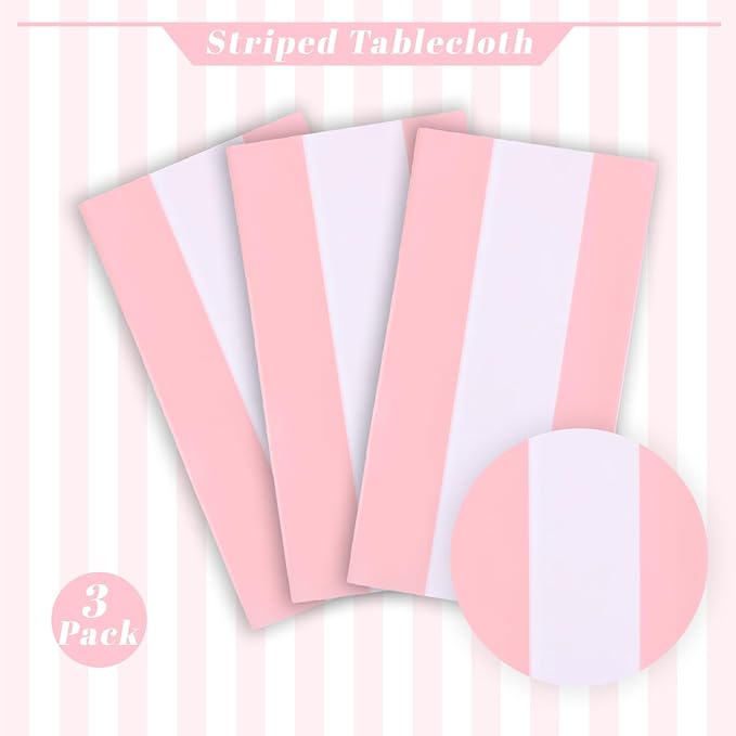 Kesfey 3 Packs Pink and White Horizontal Striped Table Cloth 54 x 108 Inches Pink Stripe Tablecloths Disposable Plastic Stripe Table Covers Waterproof Rectangle Picnic Tablecover for Birthday Party