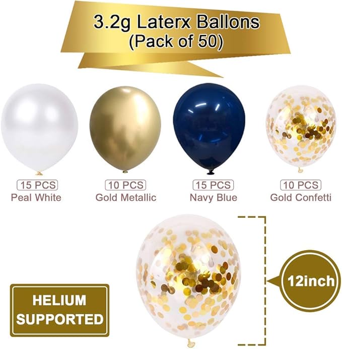 Navy Blue and Gold Confetti Balloons, 50 pcs 12 inch Pearl White and Gold Metallic Chrome Birthday Balloons for Celebration Graduation Party Balloons