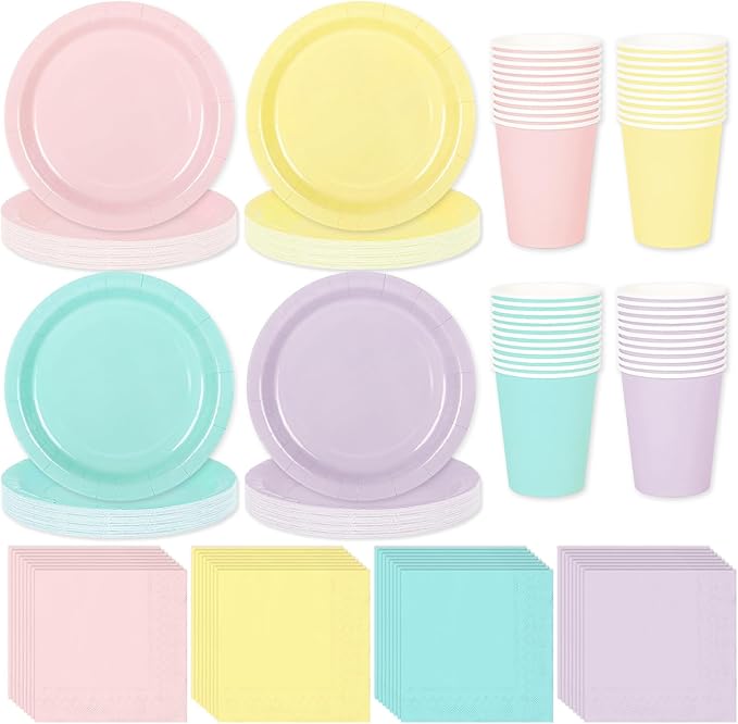 Whaline 244Pcs Pastel Rainbow Tableware Set Serves 48 4 Colors Disposable Dinnerware 48 9" Plates 48 7" Plate 48 9oz Cups 100 Napkins for Spring Easter Wedding Birthday Party Supplies