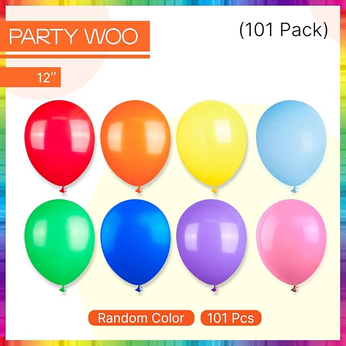 PartyWoo Assorted Colors Rainbow Balloons 101pcs 12 Inch Multicolor Colorful Primary Color Balloon for Graduation Baby Shower Unicorn Fiesta Flower Spring Rainbow Theme Birthday Party Decorations