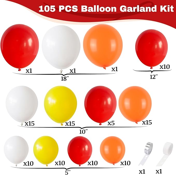 Balloon Garland Arch Kit Red Yellow Orange White Latex Balloons Orange Red Party Balloons for Boys Firemen Firefighter Pizza Birthday Party Fire Truck Engine Fall Thanksgiving Party Decorations