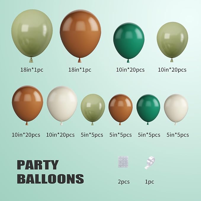 Sage Green Brown Balloon Garland Kit, 105PCS Jungle Safari with Sand White Latex Balloons, Arch for Boys Birthday Kids Party Decorations