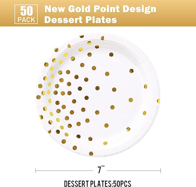 White and Gold Party Supplies, Gold Dot Paper Dessert Plates (50-Count)