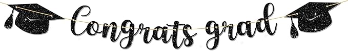 Congrats Grad Banner - 9 ft Black Pre-Strung Congrats Grad Banner, Graduation Party Decorations & Decor for Elementary, 5th Grade, 8th Grade, High School, College, Congrats Grad Sign