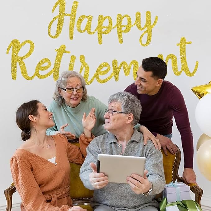 BEISHIDA Gold Glitter Happy Retirement Banner -NO DIY, Pre-Strung Happy Retirement Banner Decoration for Women & Man, Party Supplies