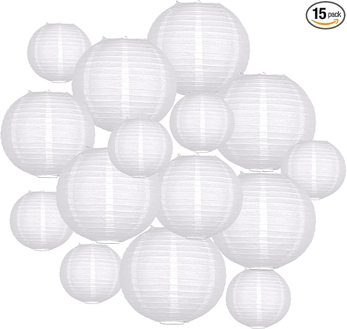 Paper Lanterns Decorative, White Round Hanging Paper Lantern Decorations for Wedding Engagement Bridal Baby Shower Birthday Party Supplies, 15Pcs