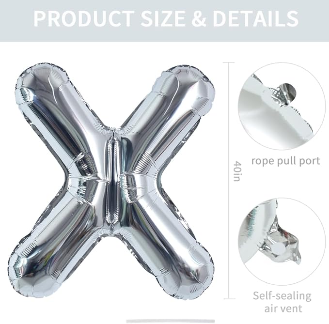 TONIFUL 40 Inch Large Silver Letter X Balloons Helium Balloons,Foil Mylar Big Letter Balloons for 2026 New Year Eve Graduation Wedding Baby Shower Birthday Party Anniversary Supplies Decorations