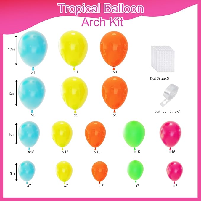Tropical Balloon Arch Kit,119 Pcs Different Size Hawaiian Balloons,Latex Summer Balloons for Party Decorations, Wedding Backdrop, Birthday, Baby Shower, Graduation