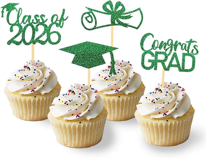 2026 Graduation Theme Cupcake Toppers Glitter Class of 2025 Graduation Cap Diploma Cupcake Picks - Set of 24 (Green2)