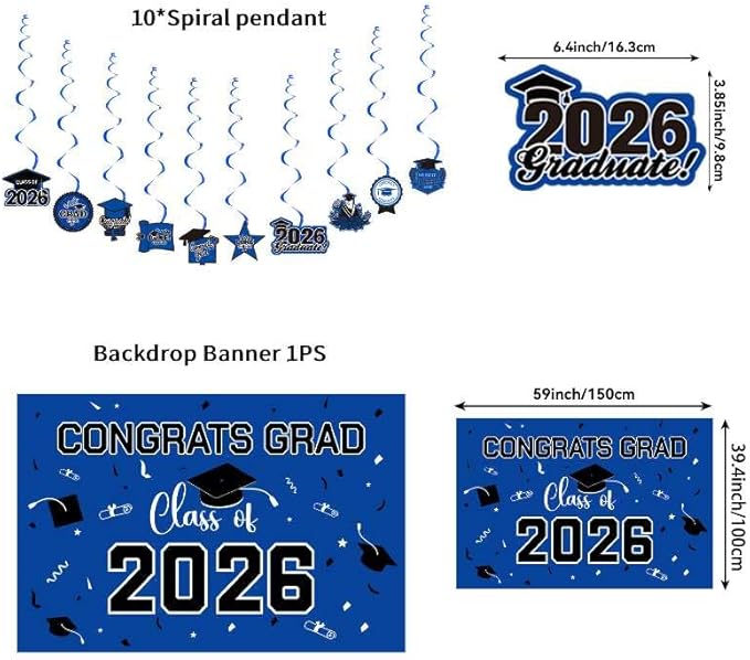 Graduation Decorations 2026 Blue Themed Set - Congrats Grad Banner, Class of 2026 Backdrop, Balloons & Streamers Kit - Complete Party Supplies for High School & College Celebrations