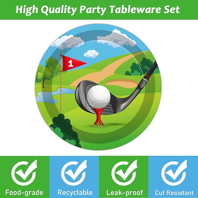 Wiooffen 48pcs Golf Party Plates 7" Golf Party Decorations Paper Disposable Dessert Tablewares Golf Balloons themed Sports Party Birthday Supplies Favors
