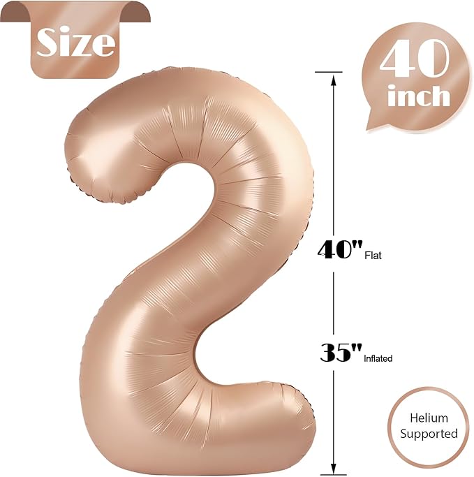 Light Brown Number 2 Balloon 40 Inch, 2 Balloon Number, 2nd Birthday Decorations for Baby Girls Boys Toddlers