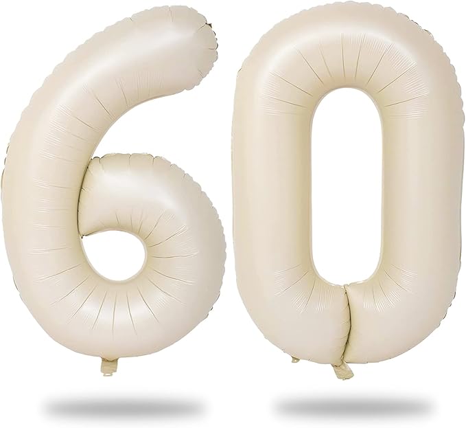 60th Birthday Balloons Cream for Women, 40 Inch Giant Beige Foil 60 Balloon Numbers Self Inflating, Ivory White Sand Digit 6 & 0 Helium Balloons for Men 60th Anniversary Party Decorations Supplies