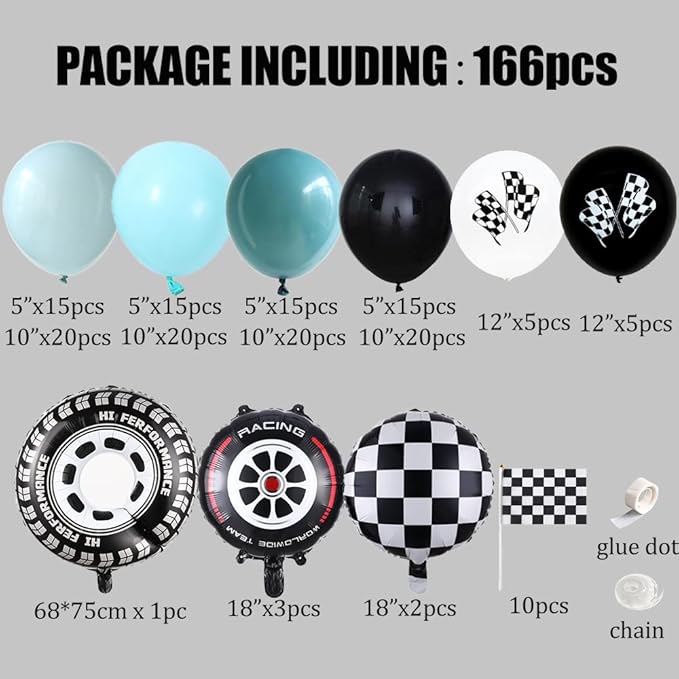 Race Car Balloon Garland Arch Kit 166PCS Dusty Blue Black Latex Balloon Wheel Checkered Foil Balloons for Race Car Two Fast Birthday Party Decorations