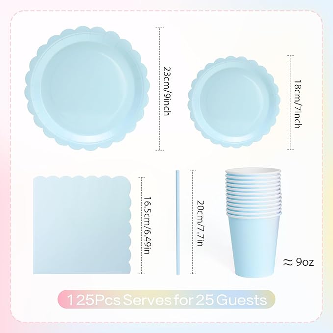 168PCS Party Plates, Scalloped Gingham Paper Plates and Cups and Napkins Sets Party Supplies for Birthday Wedding Bridal Shower Baby Shower Picnic, Serve for 24 Guests (Blue Scalloped)