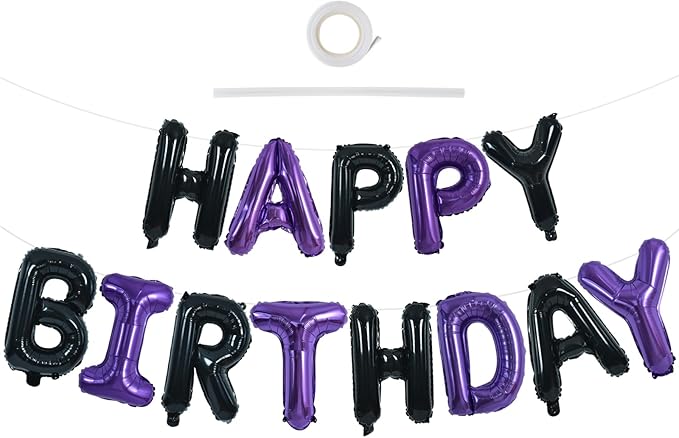 TONIFUL Happy Birthday Balloons Banner 16 Inch Mylar Foil Letters Birthday Sign Banner Bunting Reusable for Girls Boys Kids & Adults Birthday Decorations and Halloween Party Supplies（Black Purple）