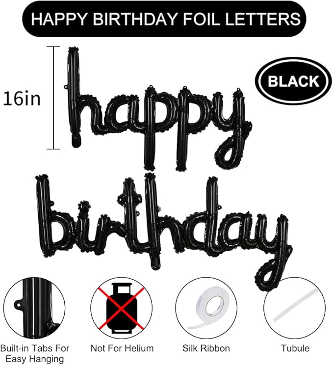 TONIFUL Black Happy Birthday Balloons Banner, 16 Inch Mylar Foil Script/Cursive Letters Birthday Sign Banner Balloon Reusable Material for Girls Boys Kids & Adults Birthday Decorations