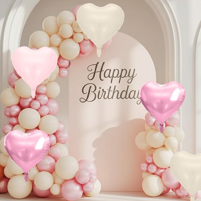 Pink Heart Balloons, 10 Pcs Pastel Light Baby Pink White Foil Heart Shaped Balloon, 18 Inch Cream Sand White Balloons Helium for Engagement, Brithday, Baby Shower, Wedding, Valentines Party Decoration