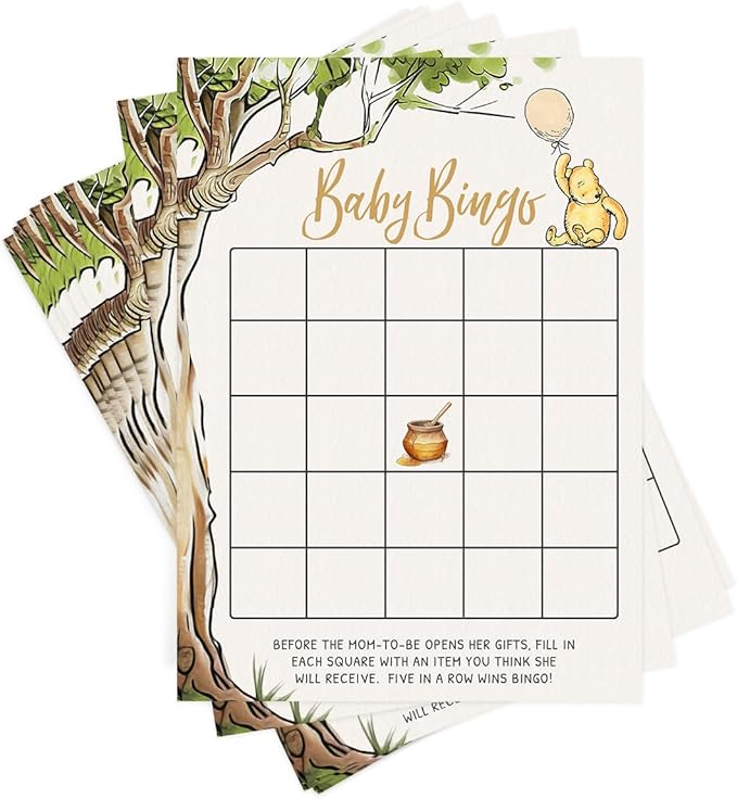 Printed Party Winnie Baby Shower Game Set – 4 Games with Classic Pooh Theme for 30 Guests, Includes Bingo, Mommy-to-be Trivia, Storybook Icon Guessing, and Guess Who, Bear Theme for Boy or Girl