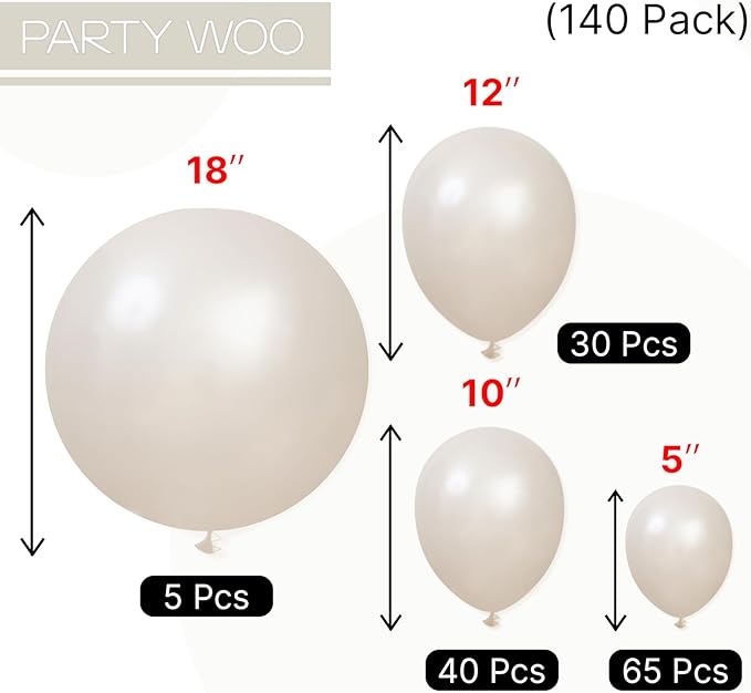 PartyWoo Pearl Beige Balloons 140pcs Different Sizes Pack of 18 12 10 5 Inch Off White Sand Cream Ivory Balloon Arch Kit Garland for Wedding Bridal Baby Shower Birthday Party Decorations White-Z41