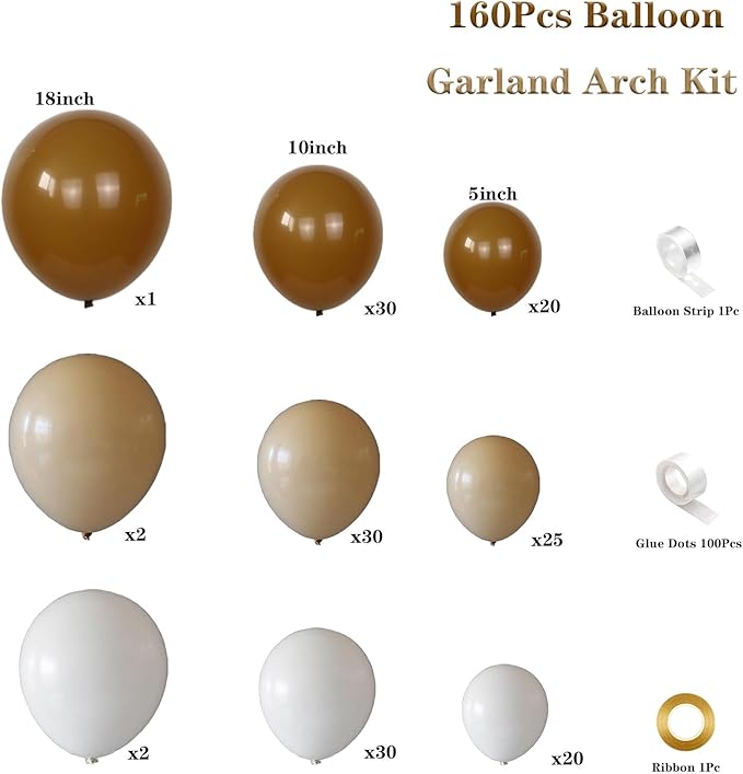 160Pcs Boho Brown White Nude Balloon Garland Arch Kit Dark Brown Nude Tan White Latex Balloons for Neutral Bear Baby Shower Birthday Party Decorations