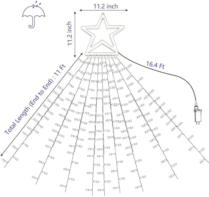 Christmas Decorations Star String Lights, 320 LEDs Outdoor Waterfall Tree Lights with 13" Topper Star, Plug in Waterproof Hanging Fairy Lights for Xmas New Year Holiday Party Yard Decor