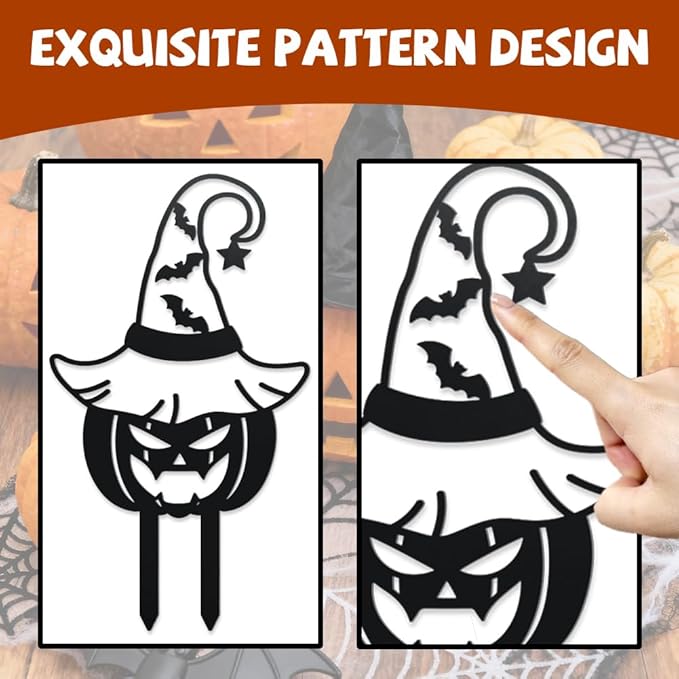 WADORN 2Pcs Halloween Pumpkin Metal Decorative Garden Stakes, Halloween Bat Black Metal Yard Decoration Stakes Pumpkin Silhouette with Witch Hat Garden Ornament Gifts for Outdoor Backyard Lawn Patio