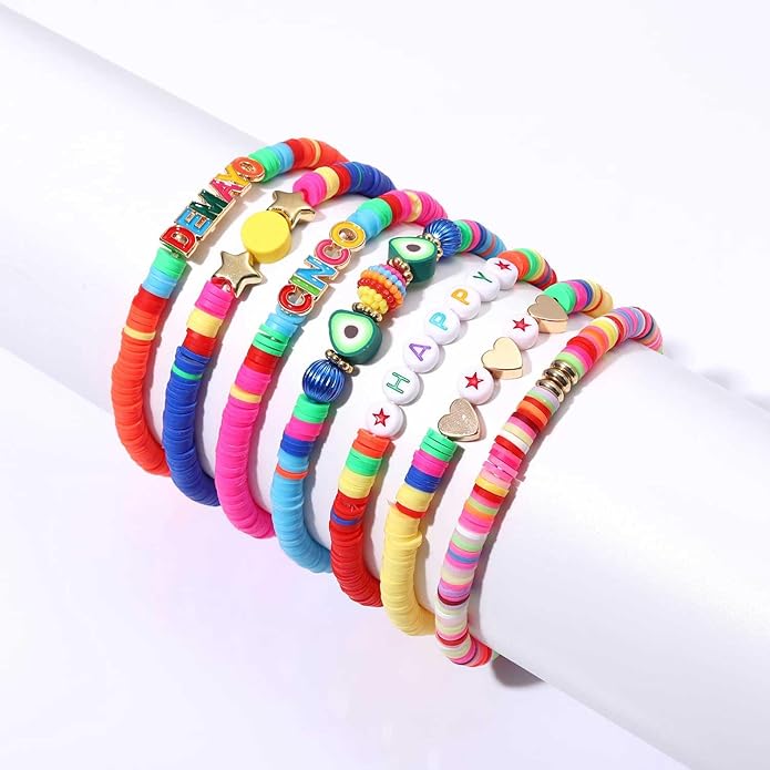 Surfer Heishi Bracelets for Women Stackable Rainbow Vinyl Disc Clay Beaded Stretch Bracelets Elastic Layering Friendship Bracelets Boho Summer Beach Jewelry