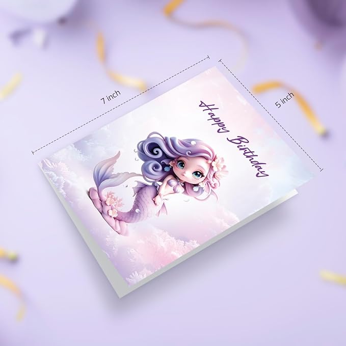 Whimsical Mermaid Birthday Card for Girls & Women - Cute Purple Fantasy Greeting Card for Daughter, Granddaughter, Niece - 5x7 Happy Birthday Card with Envelope & Sticker Seal - Premium Thick Card Stock