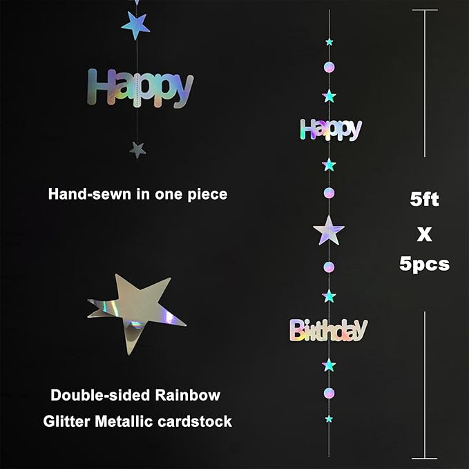 Happy Birthday Banner, Birthday Decorations for Girls & Women, Iridescent Holographic Circle Dot Star Garland Sign Hanging Bunting Streamers Party Backdrop Decor, Aurora Rainbow Effects