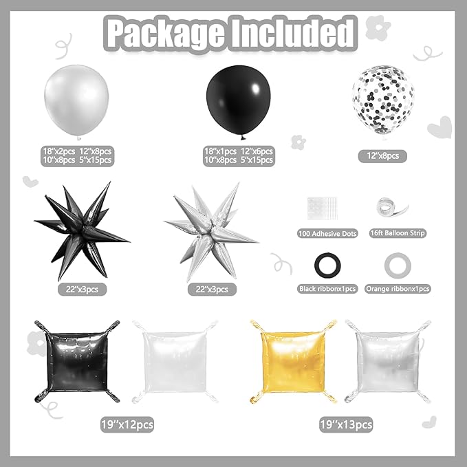 152Pcs Black and Silver Foil Square Balloon Wall Backdrop with Silver and Black Latex Balloons Arch Garland Kit, Double Sided Balloon Tunnel for Birthday Anniversary New Year Party Decorations