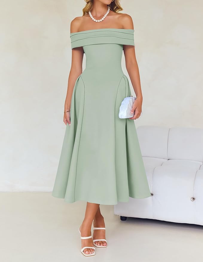 ZESICA Summer 2026 Cocktail Dresses for Women's Off Shoulder Short Sleeve Swing A Line Wedding Evening Party Midi Dress