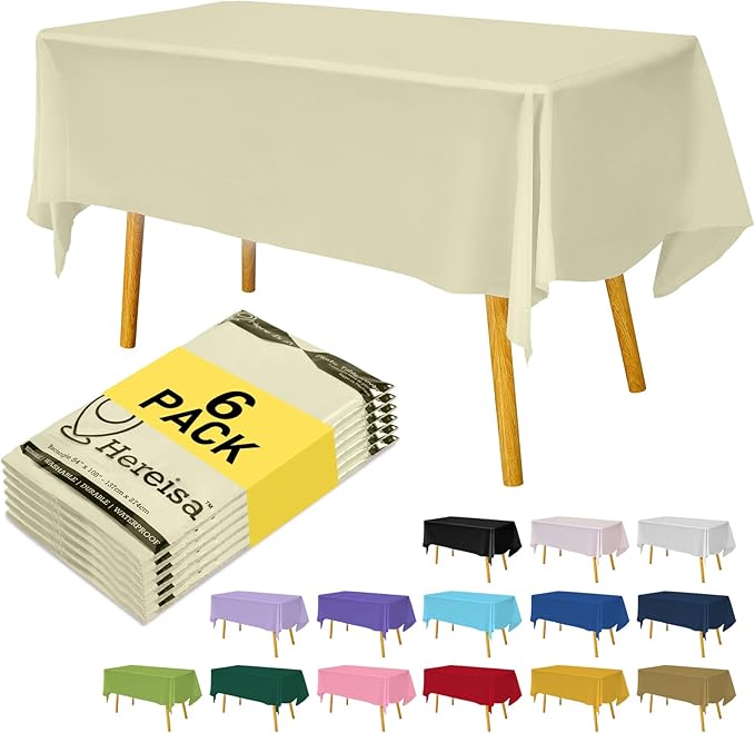 Ivory 6 Pack Plastic Table Cloth 54" x 108", Disposable Tablecloths Rectangle Table Cover, Plastic Table Cloths for Parties