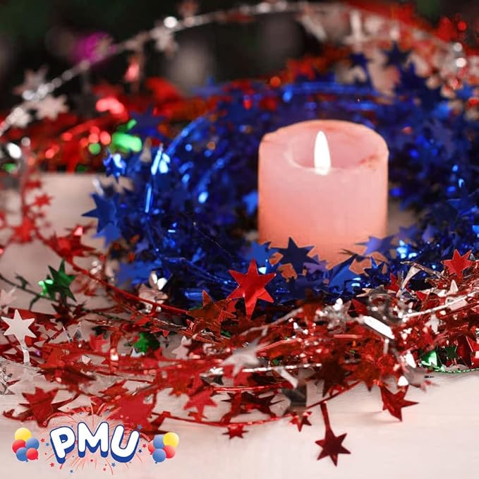PMU 150 Ft Star Wire Shiny Garland Red - Halloween, Christmas Party, Wedding, Birthday, Festive Home Decoration Ornament Red (6pc-25Ft Each)