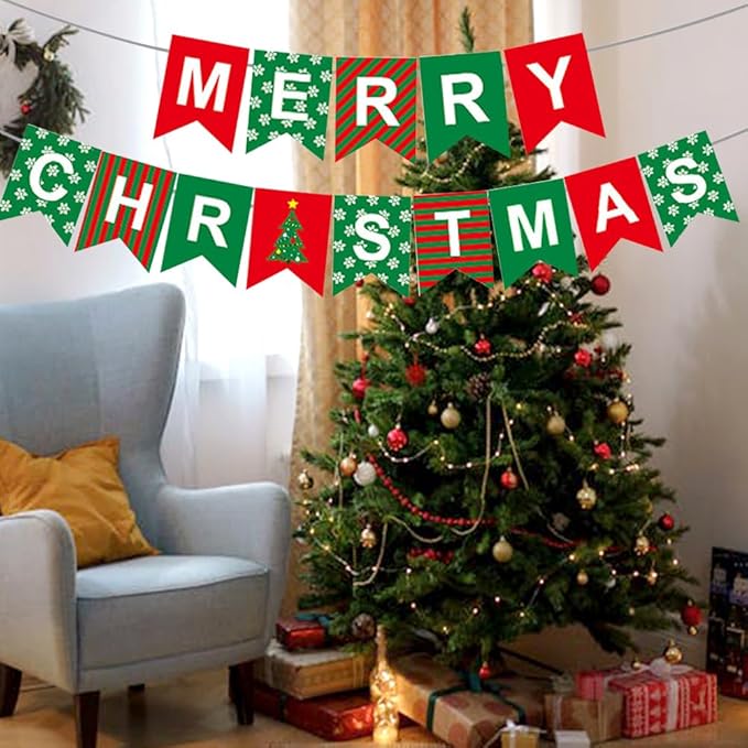 Merry Christmas Banner Decorations Red Green Xmas Paper Banner Sign Home Office Decor Banners Merry Christmas Party Decoration for Xmas Holiday Fireplace Wall Window Indoor Decor