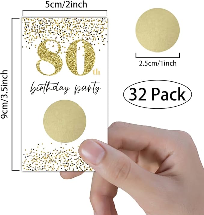 REWIDPARTY White Gold 80th Birthday Party Scratch Off Game Cards（32 PCS）Happy 80th Birthday Party Scratch Cards Cheers to 80 Years Party Supplies Activity for Birthday Raffle Tickets Kids Adults