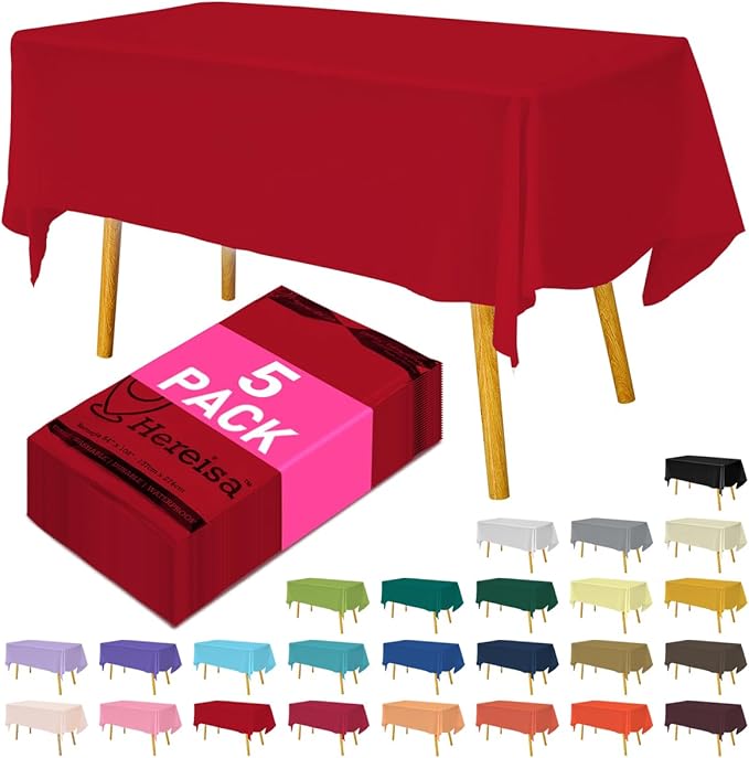 Disposable Plastic Tablecloth Red 54x108 Inch, 5-Pack Waterproof Rectangular Table Cover for Parties, Picnics, Dining Protection