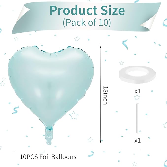 Baby Blue Heart Balloon, 10PCS Blue Foil Heart Balloons, 18inch Pastel Blue Heart Shape Balloons Helium Birthday Party Decorations for Boys Girls Brithday Party, Valentines Day, Wedding, Anniversary