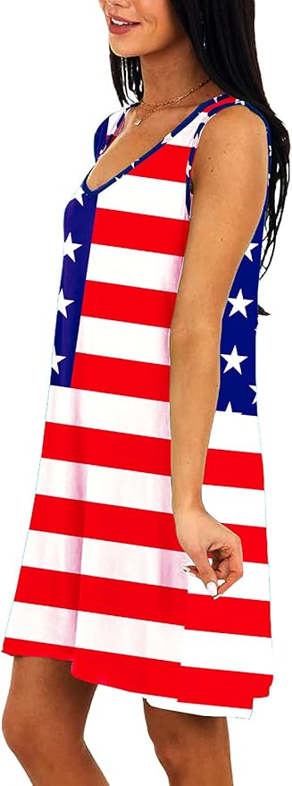Deerose Women 4th of July Sleeeveless Dress Patriotic V Neck Tank Dresses with Pockets