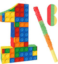 Number 1 Pinata Building Blocks with Pinata Stick Blindfold 1st Birthday Party Decorations for Kids Happy Birthday Building Block Theme Anniversary Party Supplies (Small, 16 x 10.6 x 3 In)