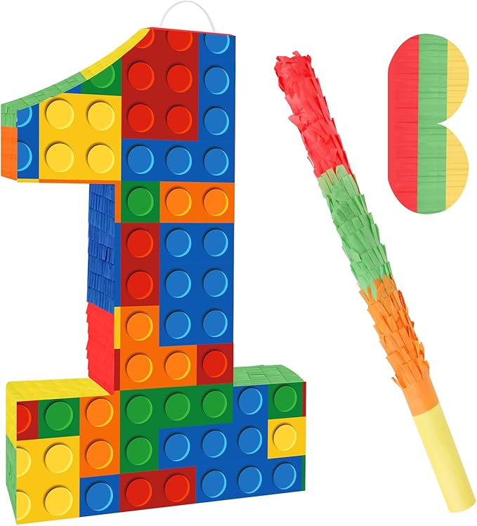 Number 1 Pinata Building Blocks with Pinata Stick Blindfold 1st Birthday Party Decorations for Kids Happy Birthday Building Block Theme Anniversary Party Supplies (Small, 16 x 10.6 x 3 In)